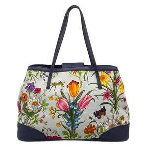 Gucci Flora Tote Bag 358470 Light Blue Navy Multi Canvas Leather